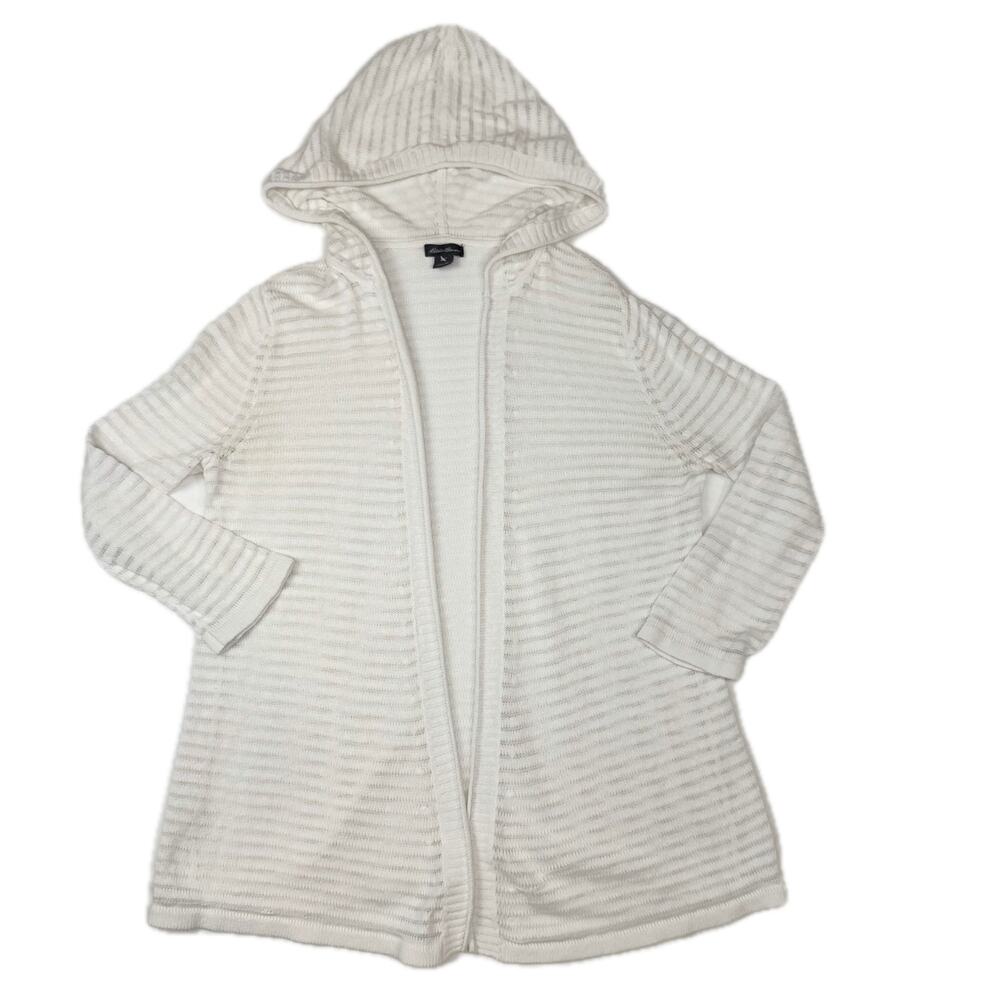 Eddie Bauer Ivory Hooded Open Front Cardigan Women’s Medium Lightweight Knit - Picture 1 of 13